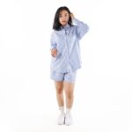 ONE SET WANITA KEMEJA & CELANA PENDEK MOTIF SALUR TERBARU FRIDAY KILLER GIRL | CLEA SKY BLUE